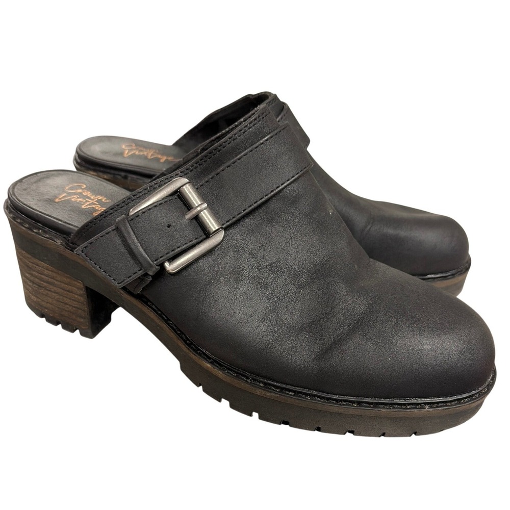 Crown Vintage Janis Clogs Womens 10 Black Buckle Lug Sole Mules Chunky Heel